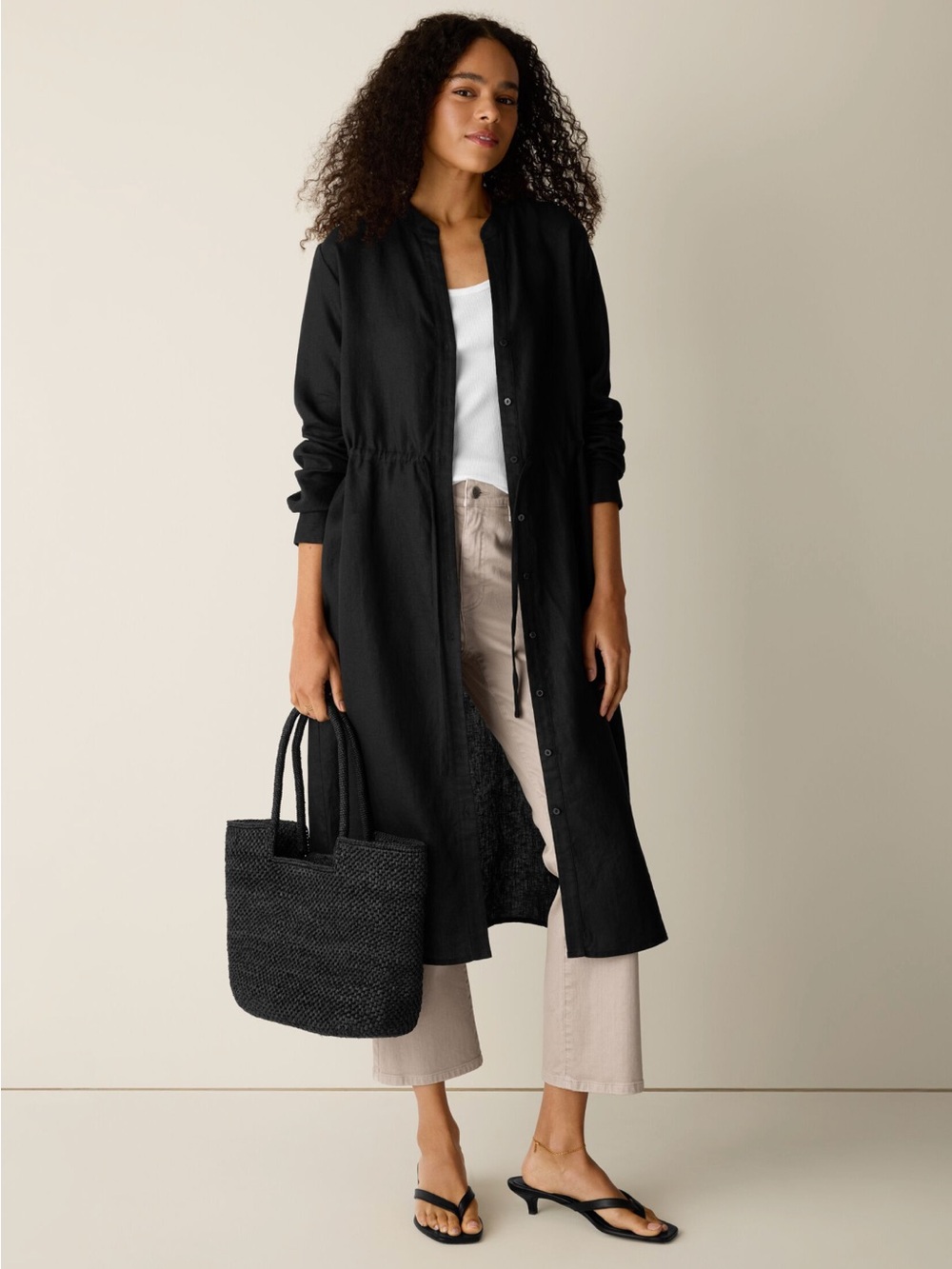 EILEEN FISHER 'Organic Linen Band Collar Shirtdress' in Black - Picture 3 of 10